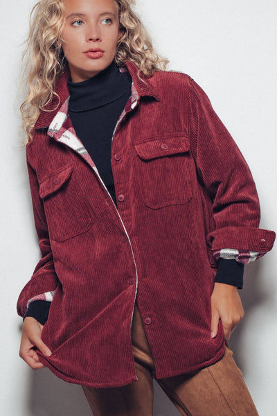 Plaid Lined Corduroy Flannel Shacket