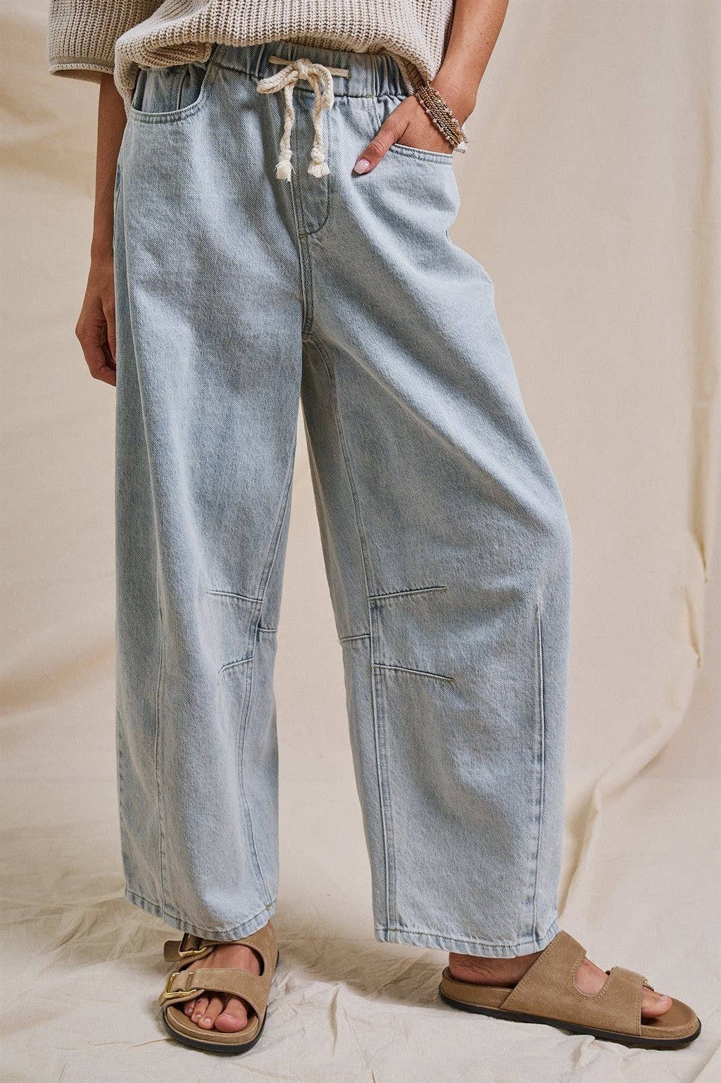 Relaxed Drawstring Barrel Denim Pants