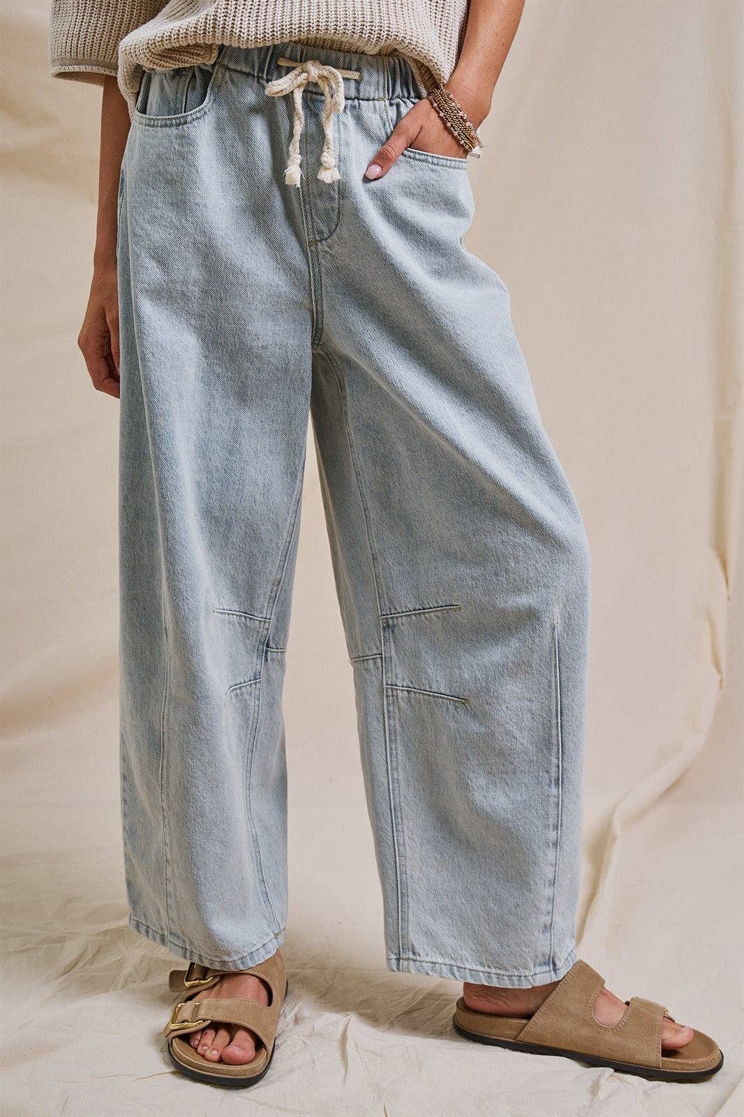 Relaxed Drawstring Barrel Denim Pants