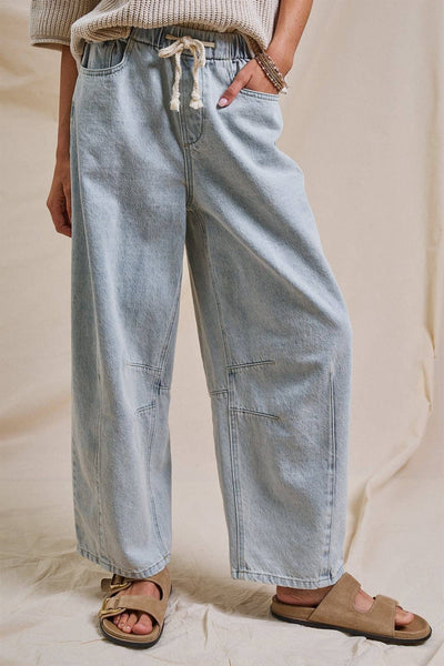 Relaxed Drawstring Barrel Denim Pants