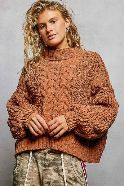 Mock Neck Balloon Sleeve Cable Knit Pullover Sweater