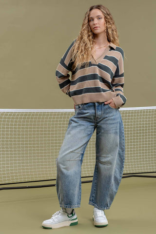 LIGHTWEIGHT STRIPED POLO SWEATER