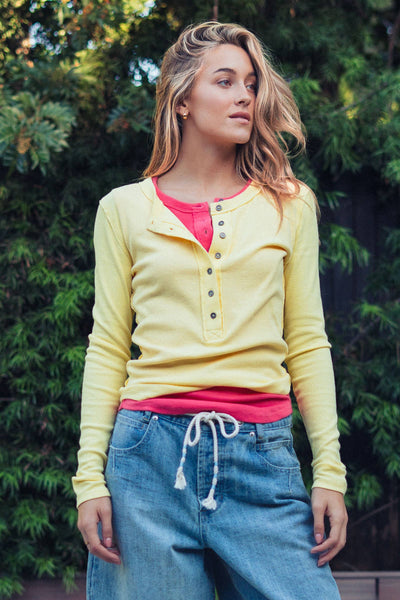 Ribbed Henley Long Sleeve Top
