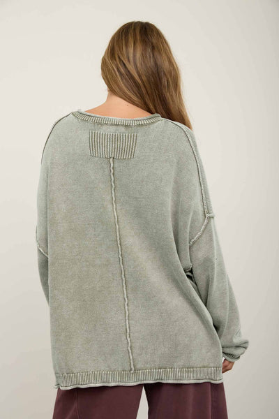 WASHED RAW EDGE CREW NECK DROP SLEEVE SWEATER