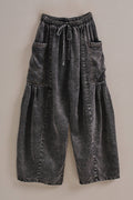 Washed Denim Utility Wide Leg Pants With Cargo Pockets