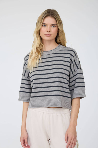 STRIPE RAW EDGE DROP SHOULDER SHORT SLEEVE SWEATER