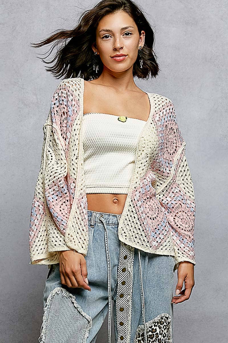 Granny Square Weave Roomy Fit Crochet Open Cardigan Top