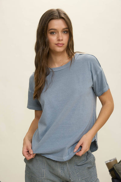 EXPOSED SEAM RAW EDGE SHORT SLEEVE KNIT TOP
