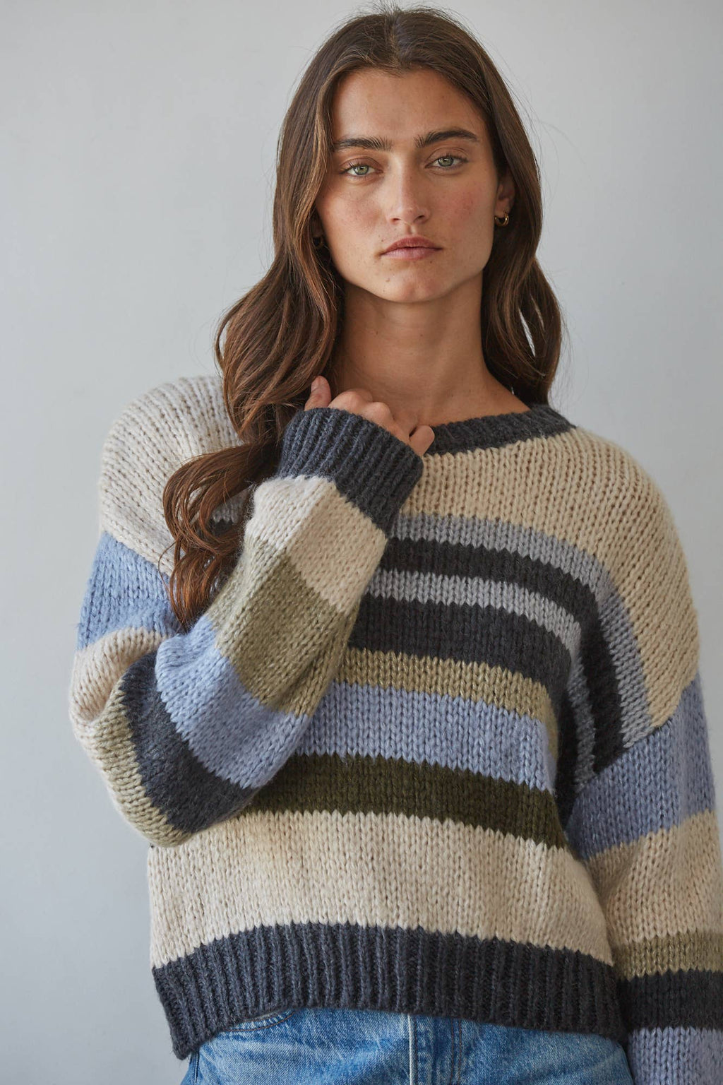 W2547 | Knit Sweater Multi Color Striped Pullover