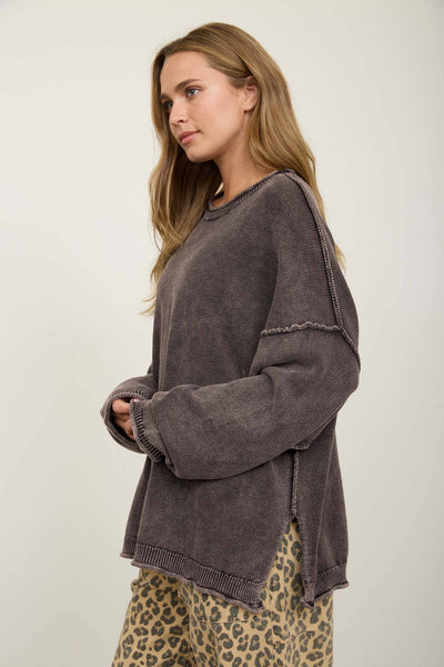 WASHED RAW EDGE CREW NECK DROP SLEEVE SWEATER