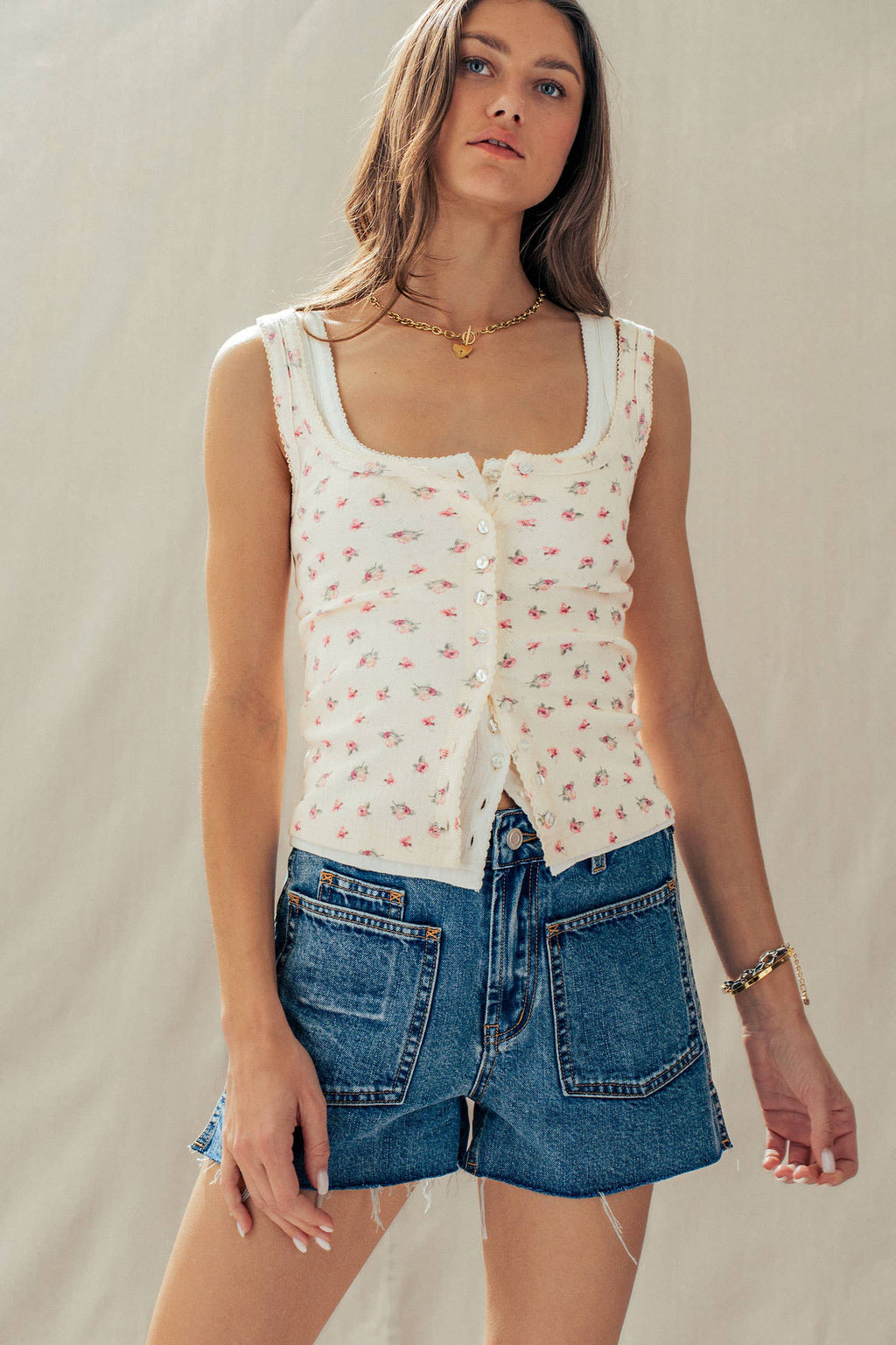 Ribbed Cotton Button-Front Picot Trim Tank