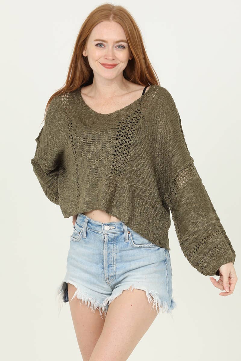 BEACHY LIGHT WEIGHT V NECK CROP PULLOVER SWEATER