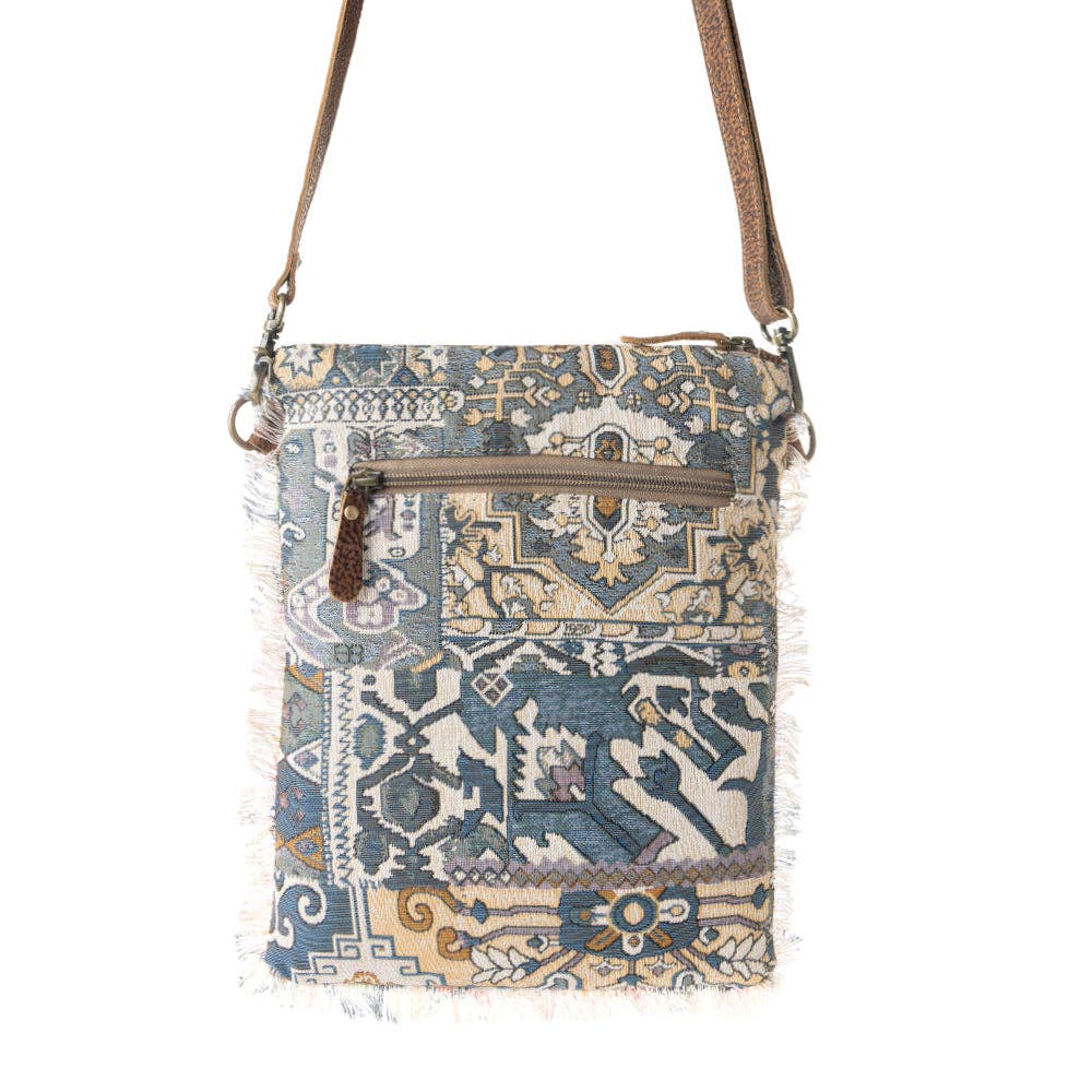 Loom Tapestry vintage crossbody Bag for Women in indigo with fringe detail