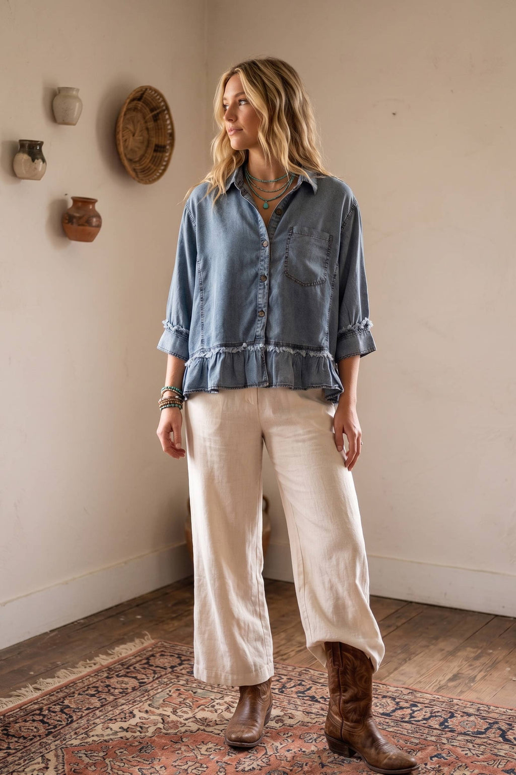 Mineral Washed Tencel Ruffle Hem Shirt