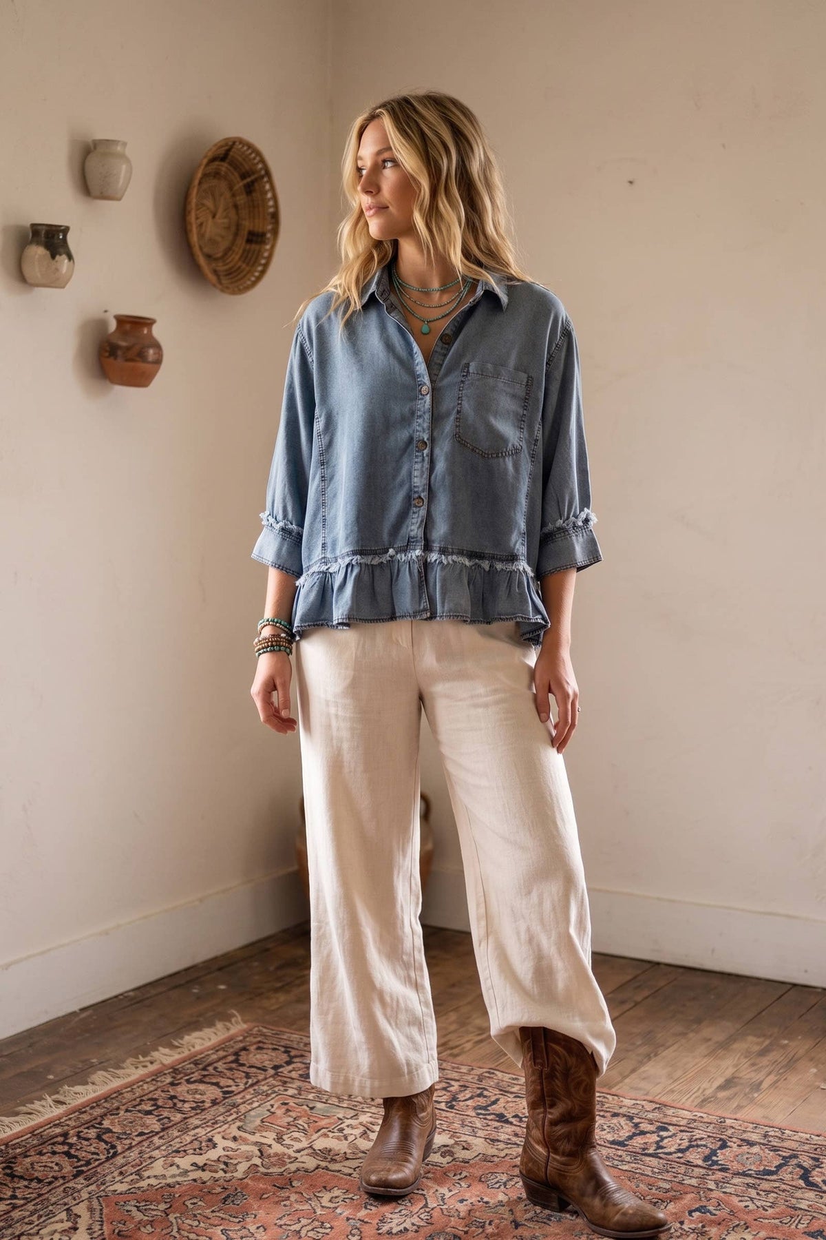 Mineral Washed Tencel Ruffle Hem Shirt