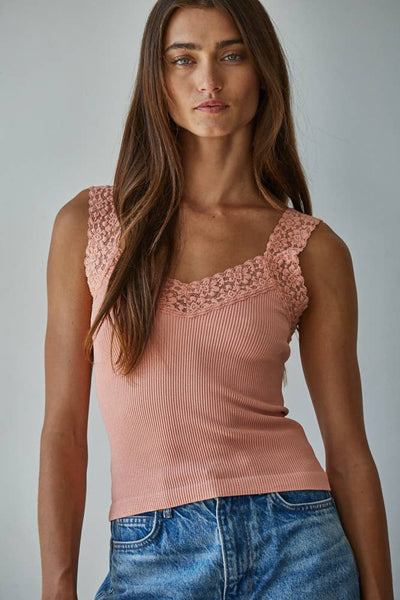 S1217N | Knit Seamless Ribbed Tank Top with Lace Trim