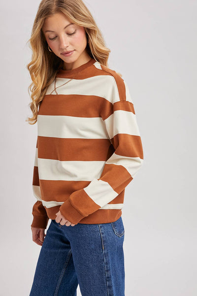 STRIPED BOXY CREW NECK KNIT SWEATSHIRT