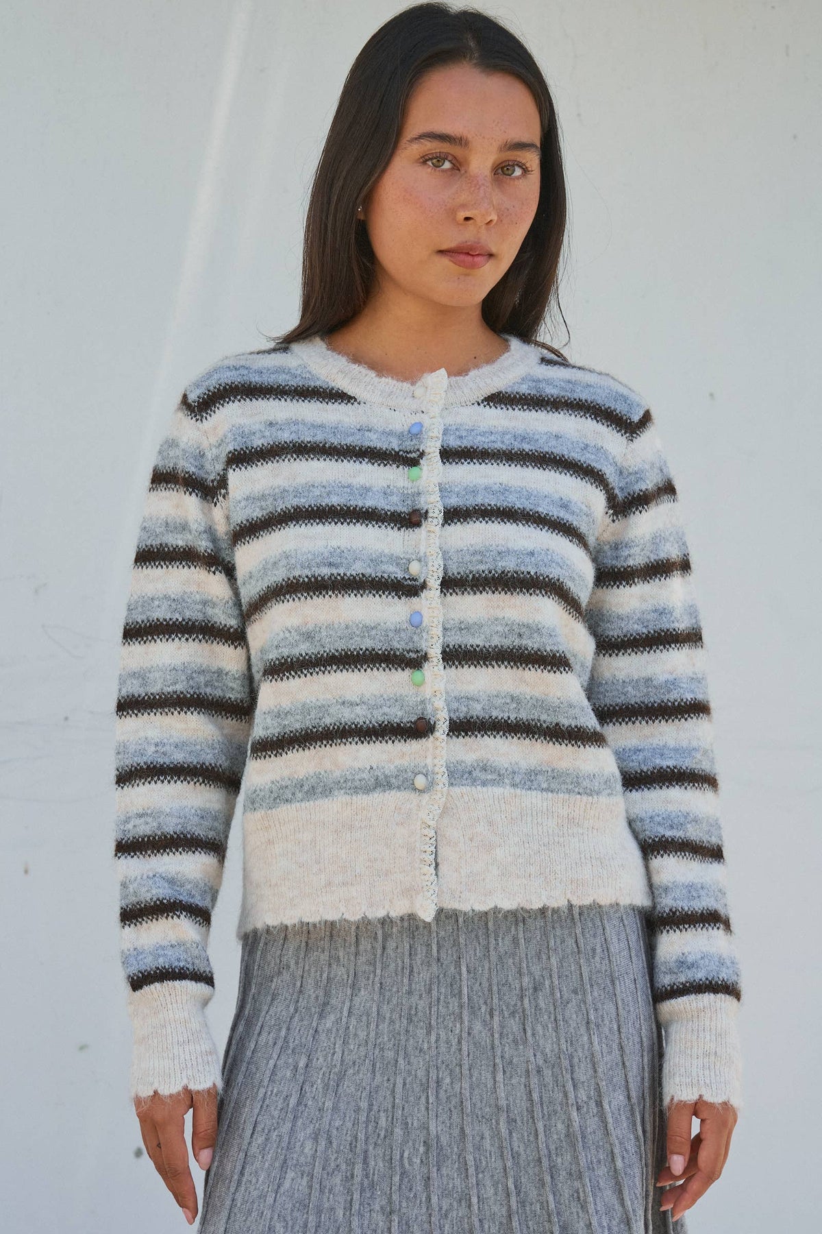 Lace Trim Striped Knit Cardigan With Candy Buttons
