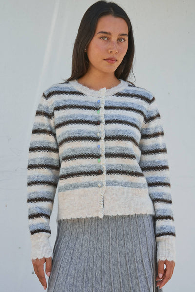 Lace Trim Striped Knit Cardigan With Candy Buttons