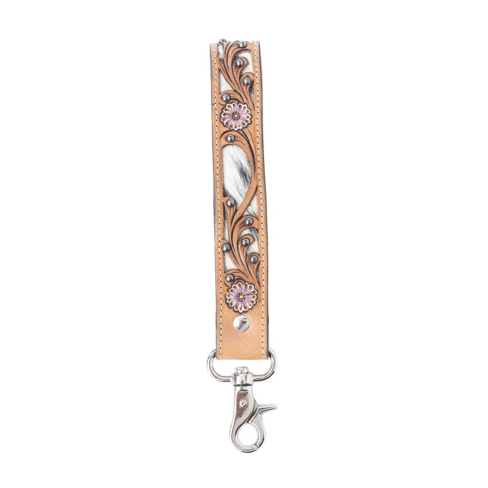 Pasture Petals Handtooled Leather Keyfob in Prairie Sand