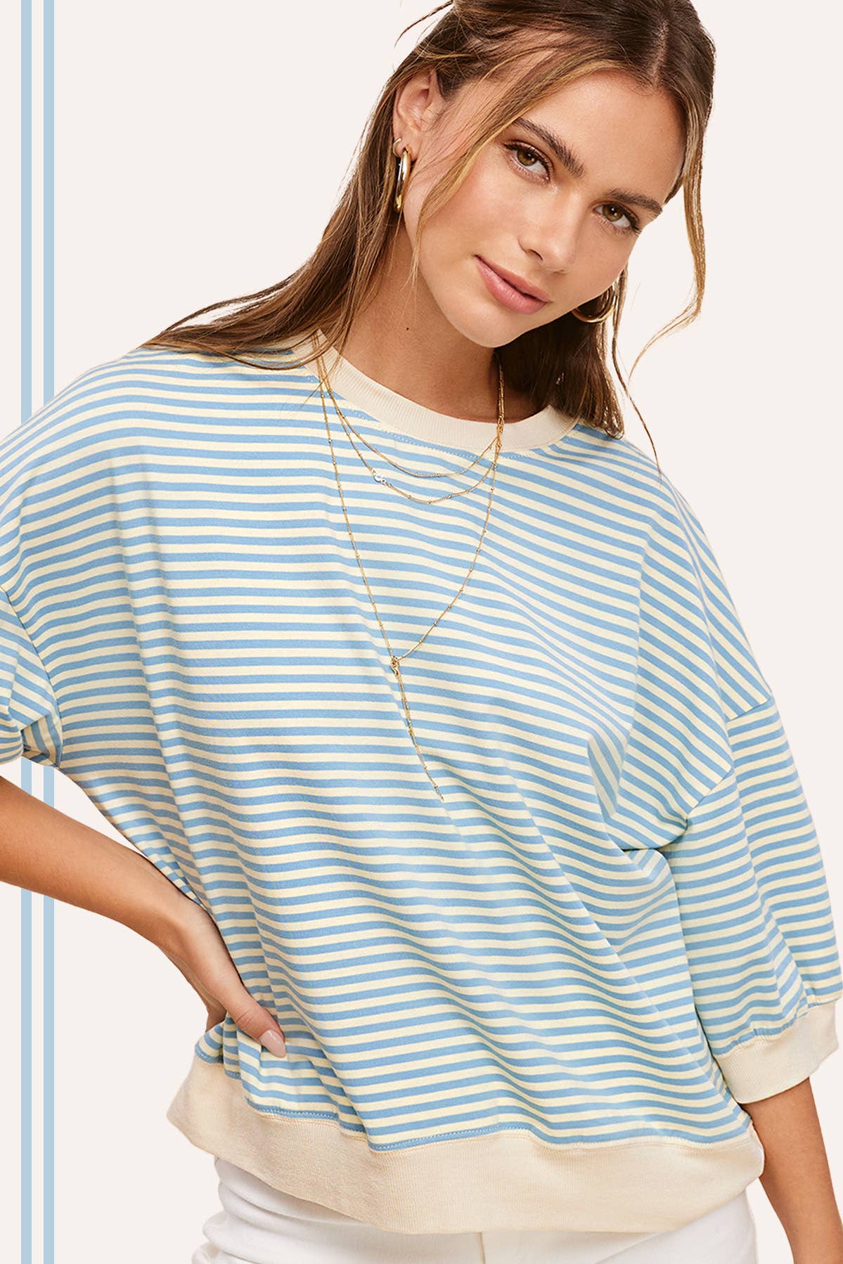MCT7688-Loose Fit Striped Short Sleeve Crew Neckline Top
