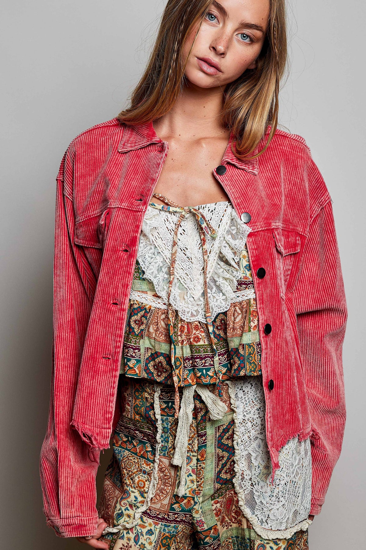 Pocket Front Button Down Corduroy Trucker Jacket