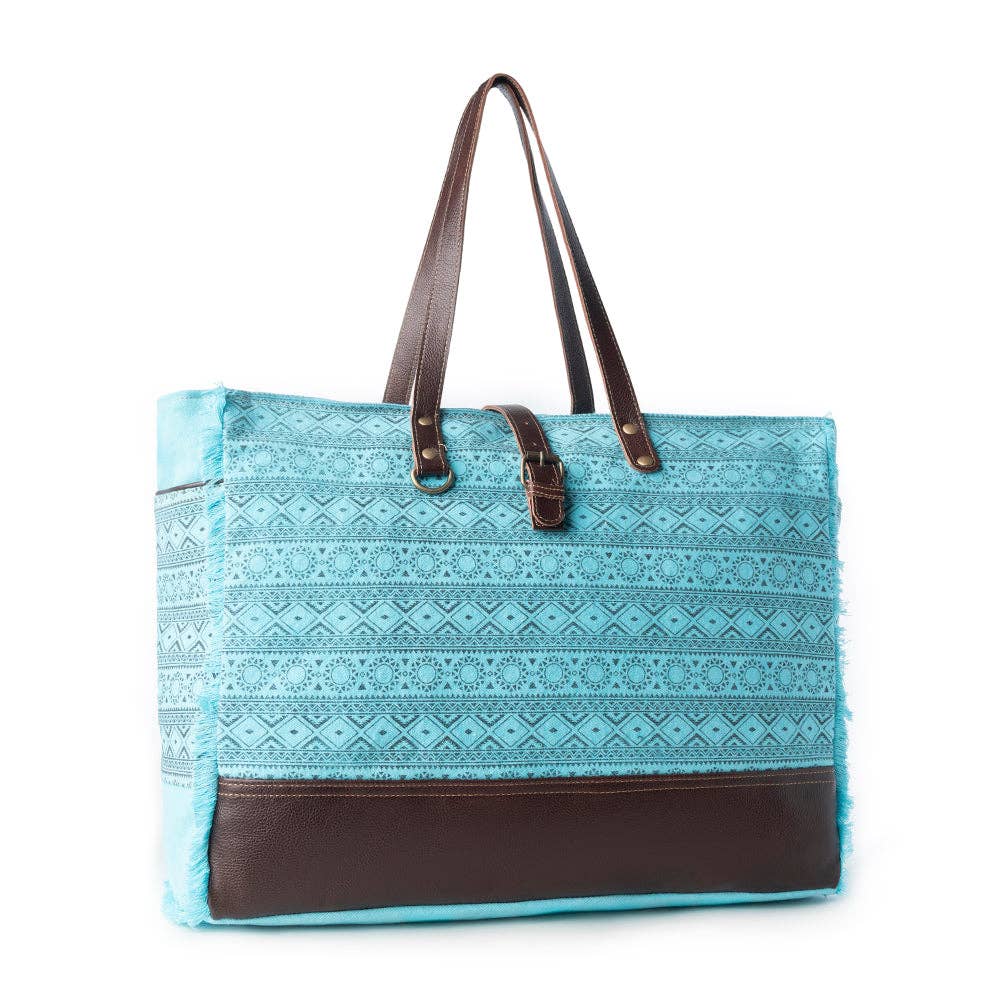 Aztec Sky Western Weekender Bag for Women in turquoise with print detail