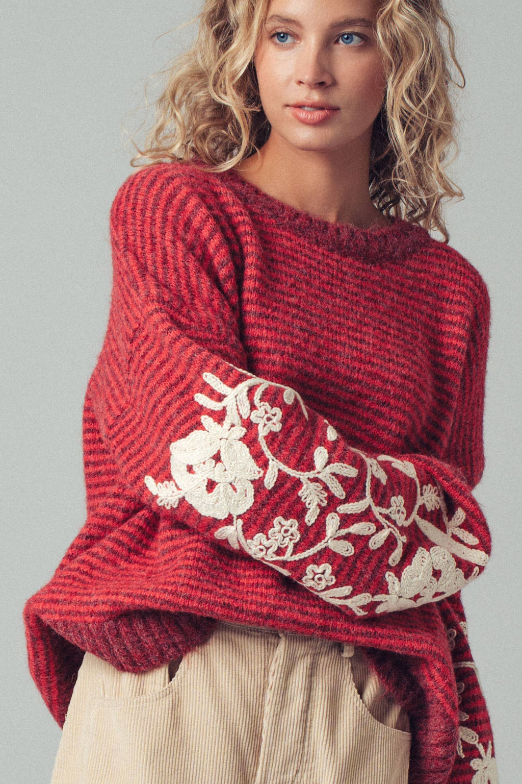 Floral Embroidered Striped Knit Sweater