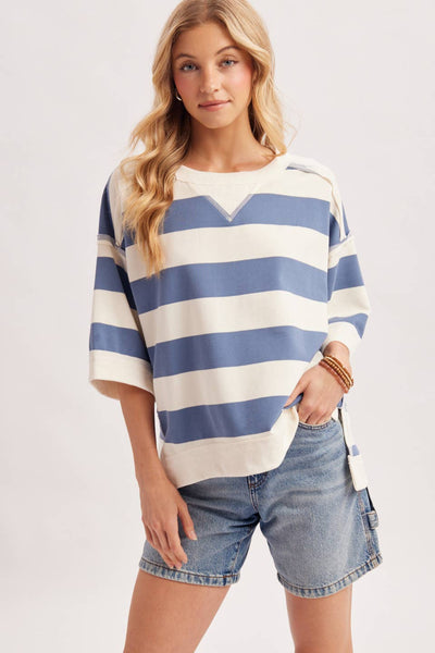 STRIPE OVERSIZED CREW NECK KNIT T-SHIRT TOP
