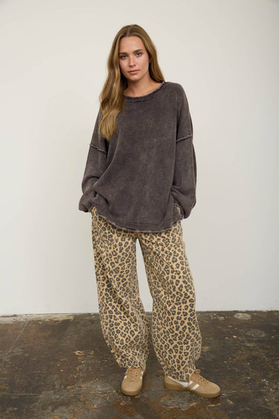 WASHED RAW EDGE CREW NECK DROP SLEEVE SWEATER