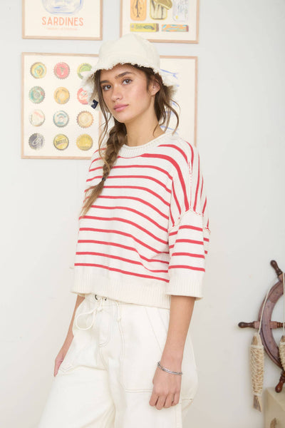 STRIPE RAW EDGE DROP SHOULDER SHORT SLEEVE SWEATER