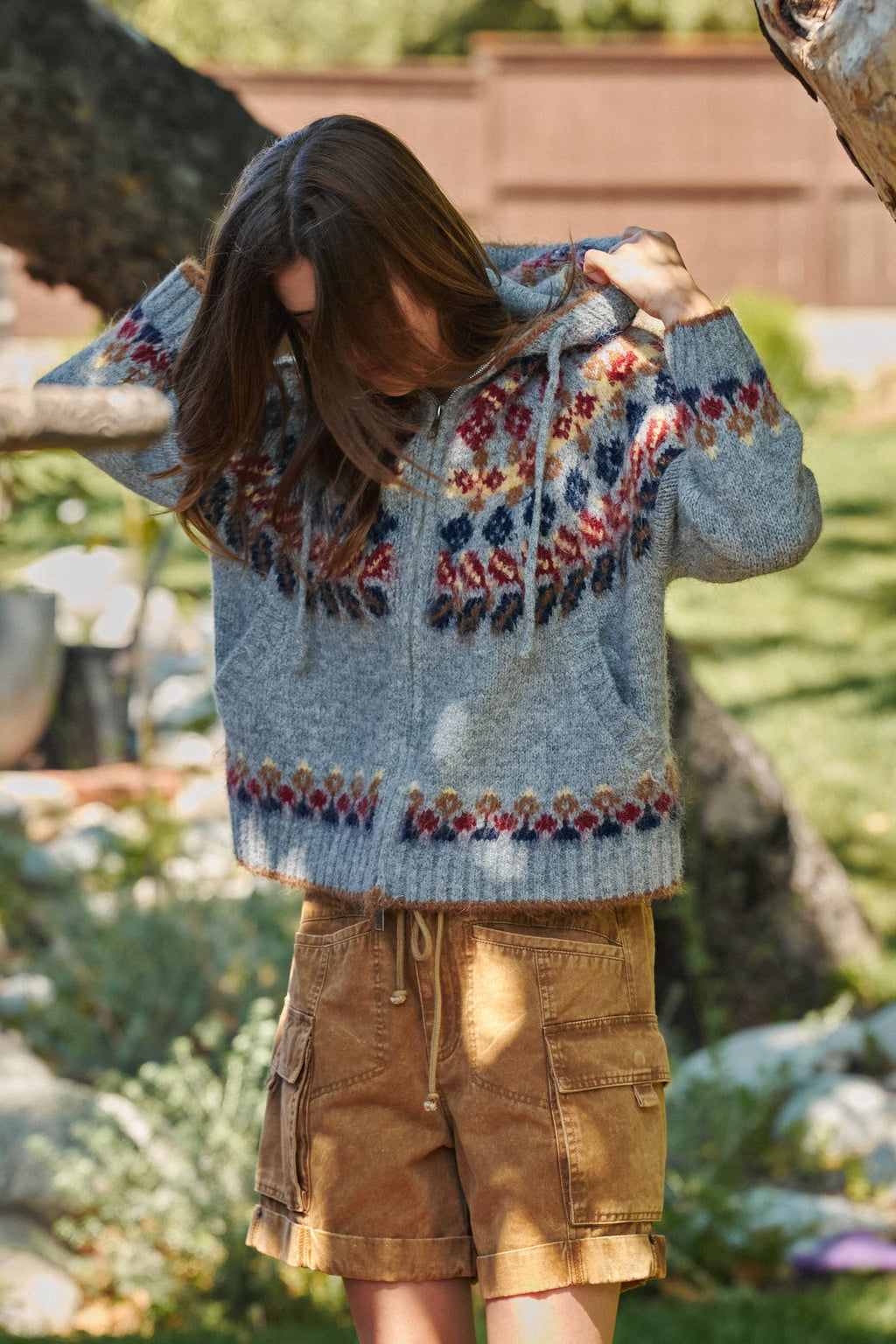 Fair Isle Knit Zip Hoodie Cardigan Sweater