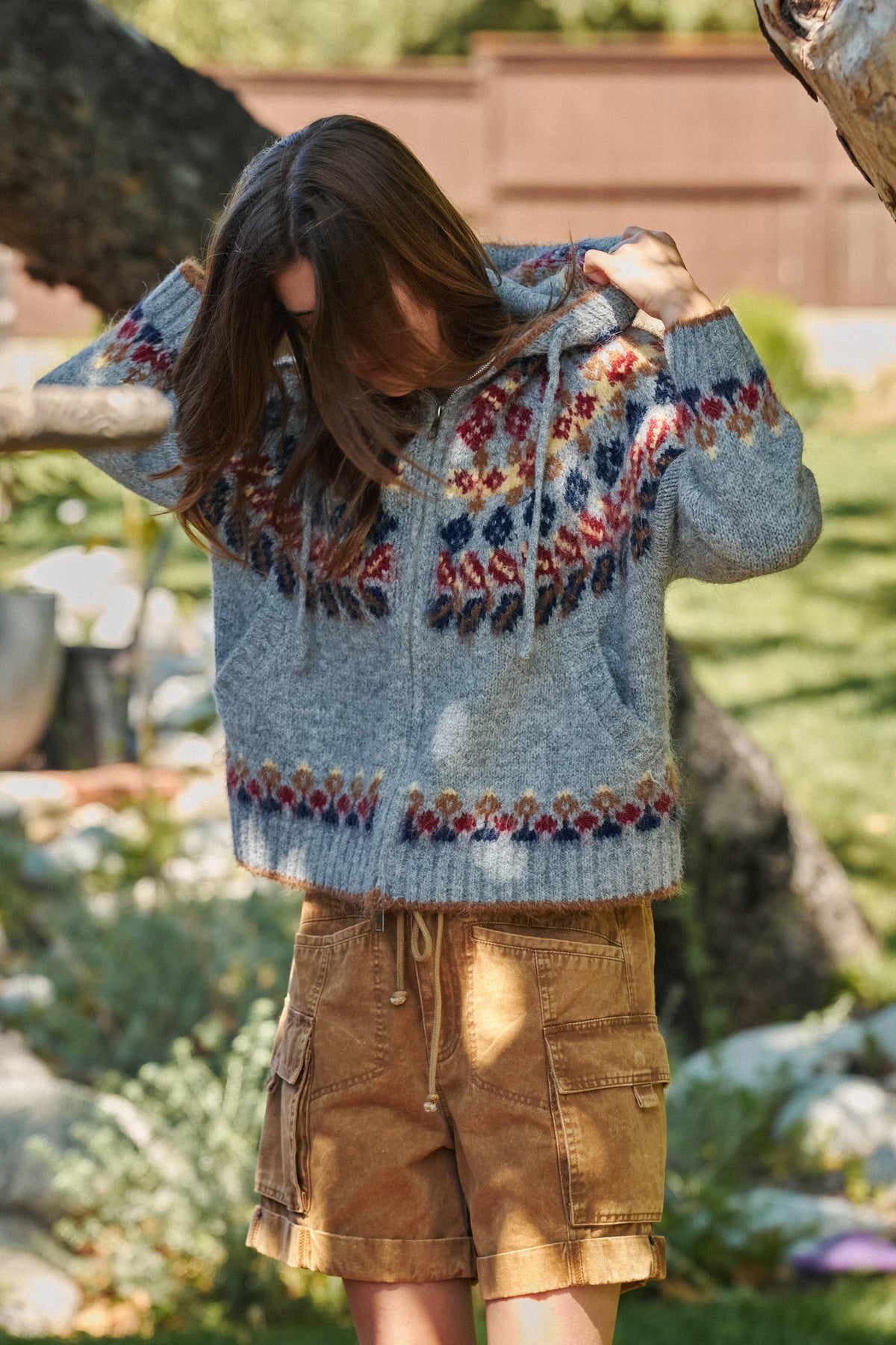 Fair Isle Knit Zip Hoodie Cardigan Sweater