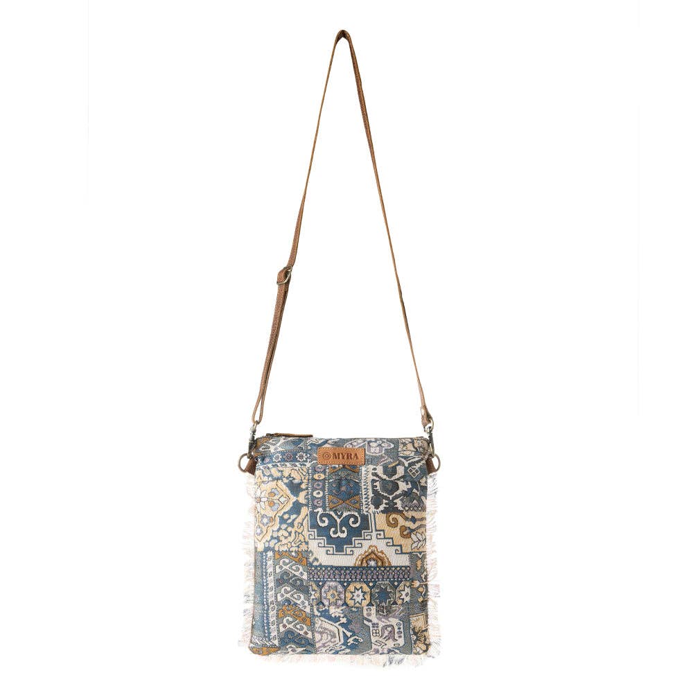 Loom Tapestry vintage crossbody Bag for Women in indigo with fringe detail