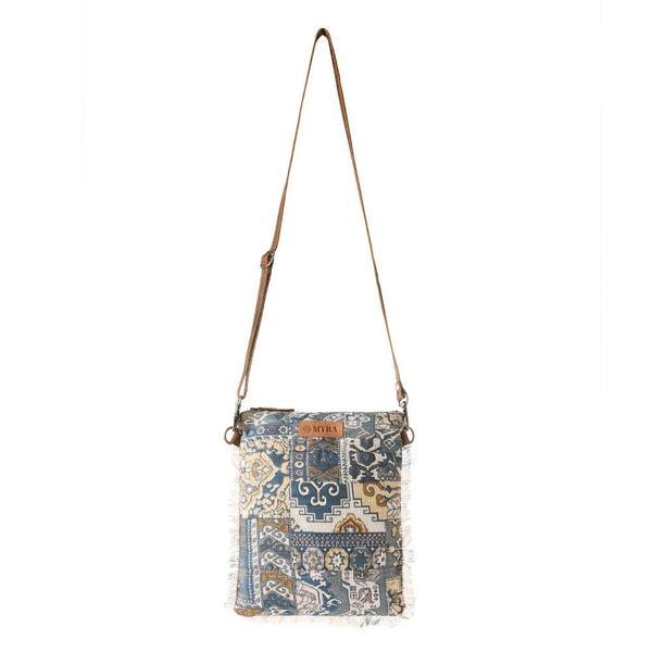 Loom Tapestry vintage crossbody Bag for Women in indigo with fringe detail