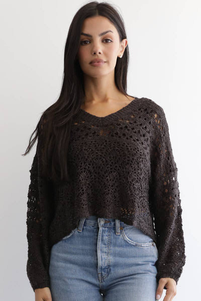 OPEN KNIT V NECK PULLOVER SWEATER