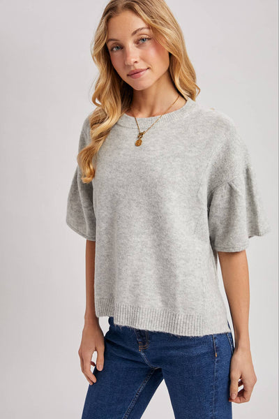 GATHERED SHORT SLEEVE BOXY KNIT SWEATER TOP