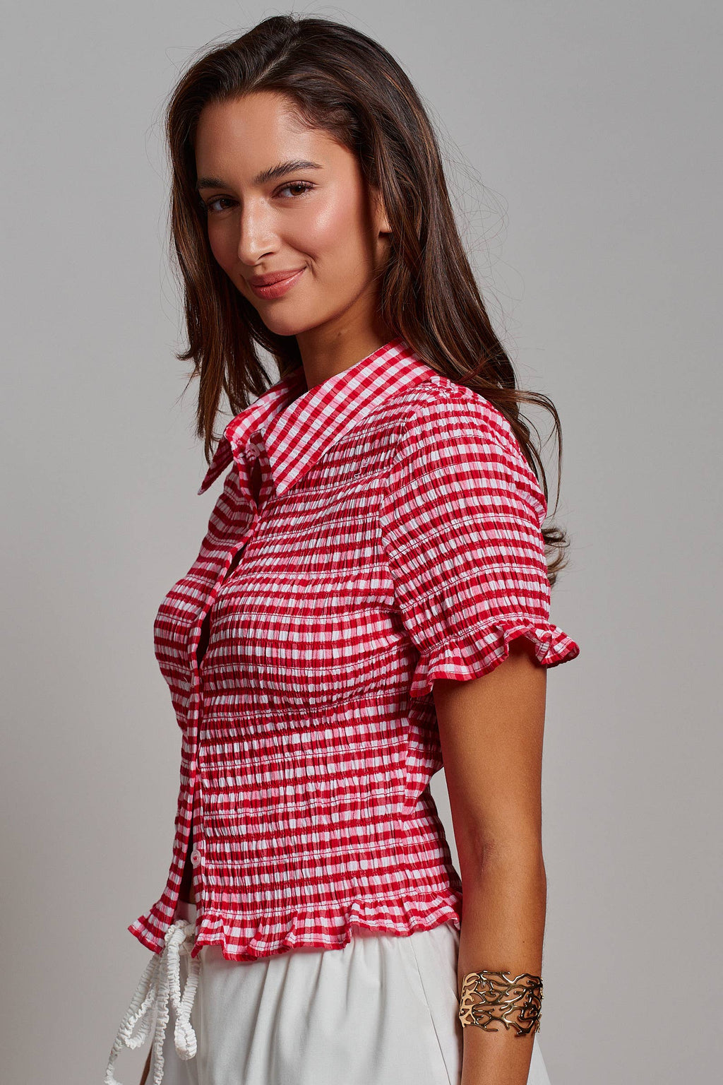 All-Over Smocked Gingham Button-Up Shirt