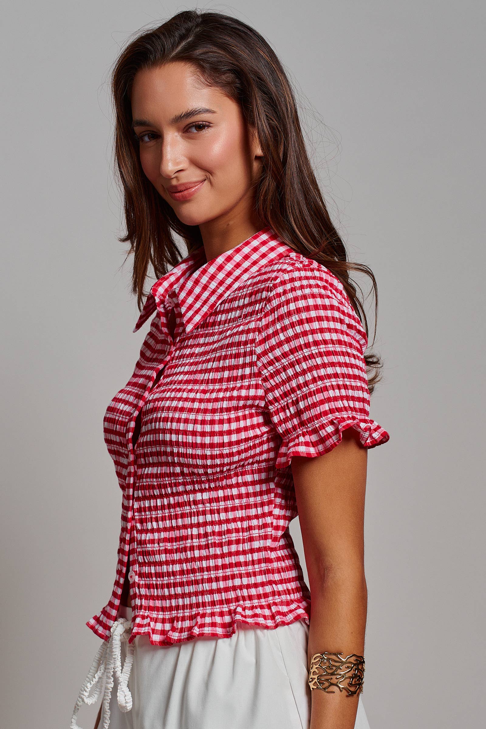 All-Over Smocked Gingham Button-Up Shirt