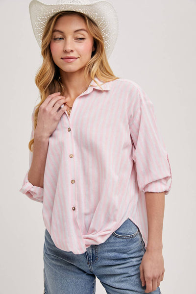 STRIPED BUTTON DOWN KNOTTED FRONT SHIRT