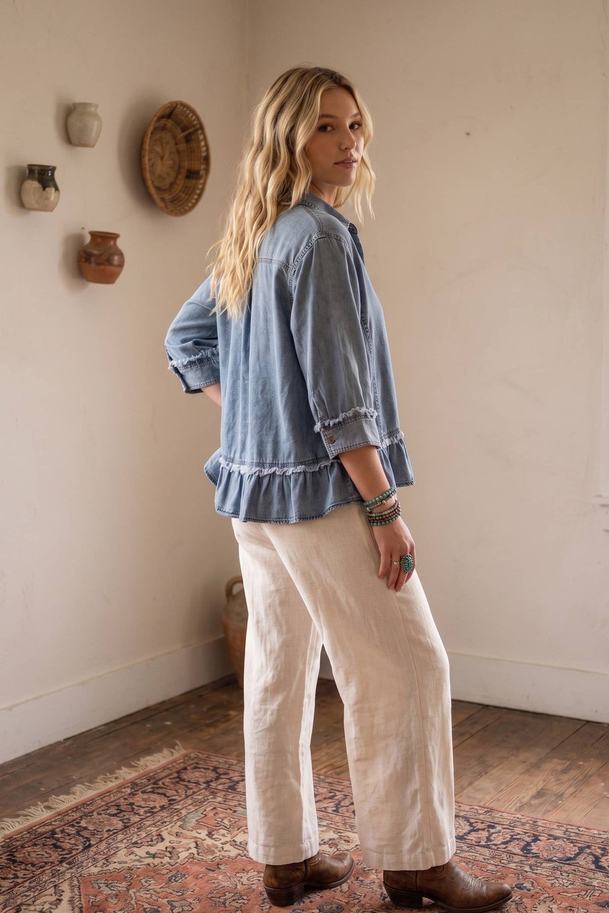 Mineral Washed Tencel Ruffle Hem Shirt