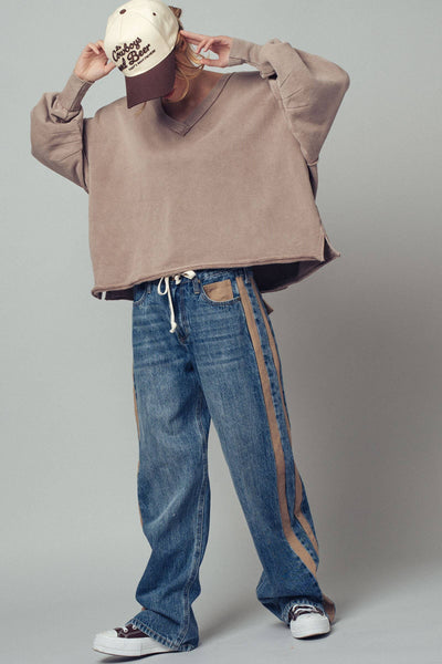 Raw Edge V-Neck Oversized Sweatshirt