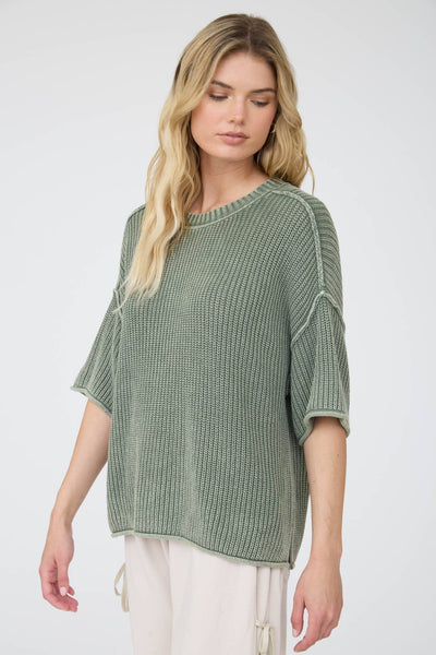 WASHED CREW NECK RAW EDGE SHORT SLEEVE SWEATER