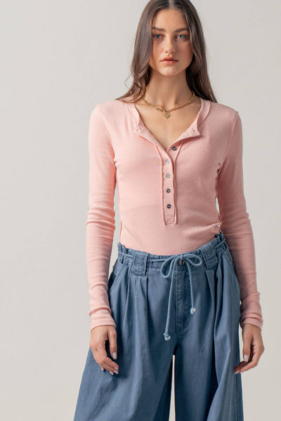 Ribbed Henley Long Sleeve Top