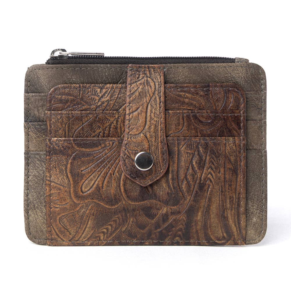 Driftwood Cove Embossed Leather Credit Card Holder in Olive Brown