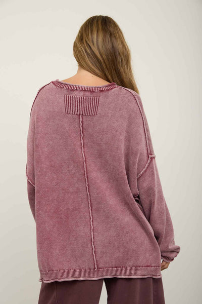WASHED RAW EDGE CREW NECK DROP SLEEVE SWEATER
