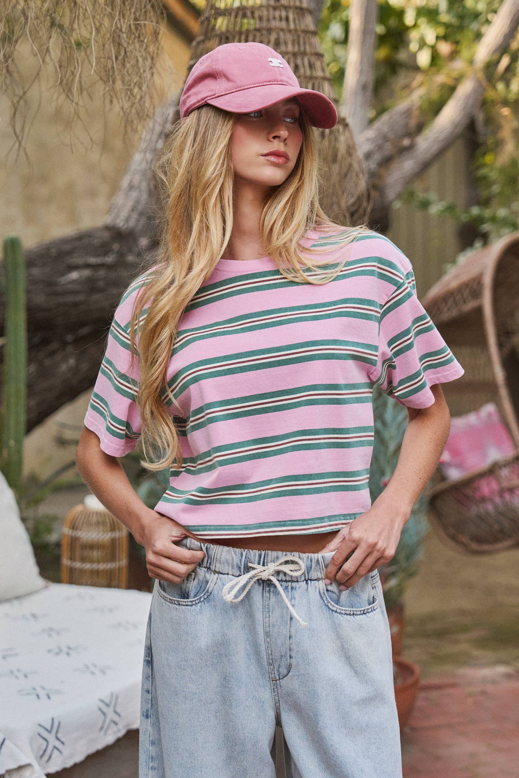 Vintage Washed Striped Cotton Crop Tee