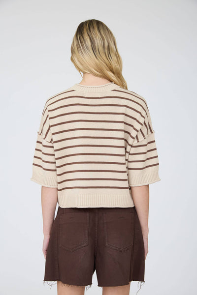 STRIPE RAW EDGE DROP SHOULDER SHORT SLEEVE SWEATER