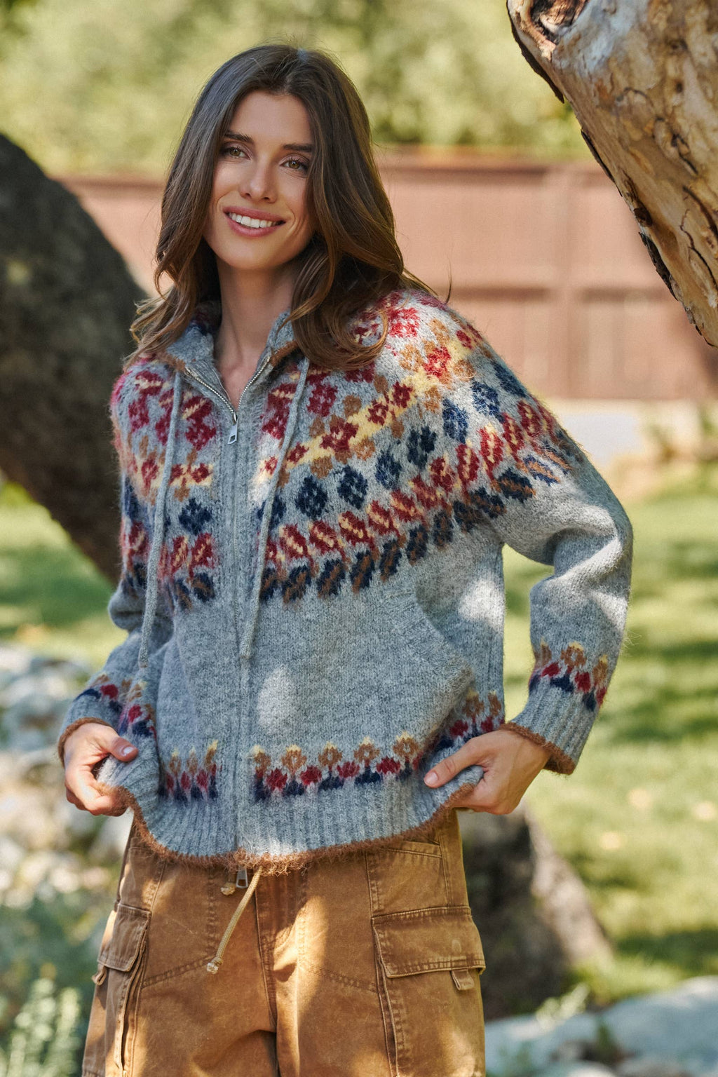Fair Isle Knit Zip Hoodie Cardigan Sweater