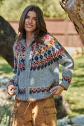 Fair Isle Knit Zip Hoodie Cardigan Sweater